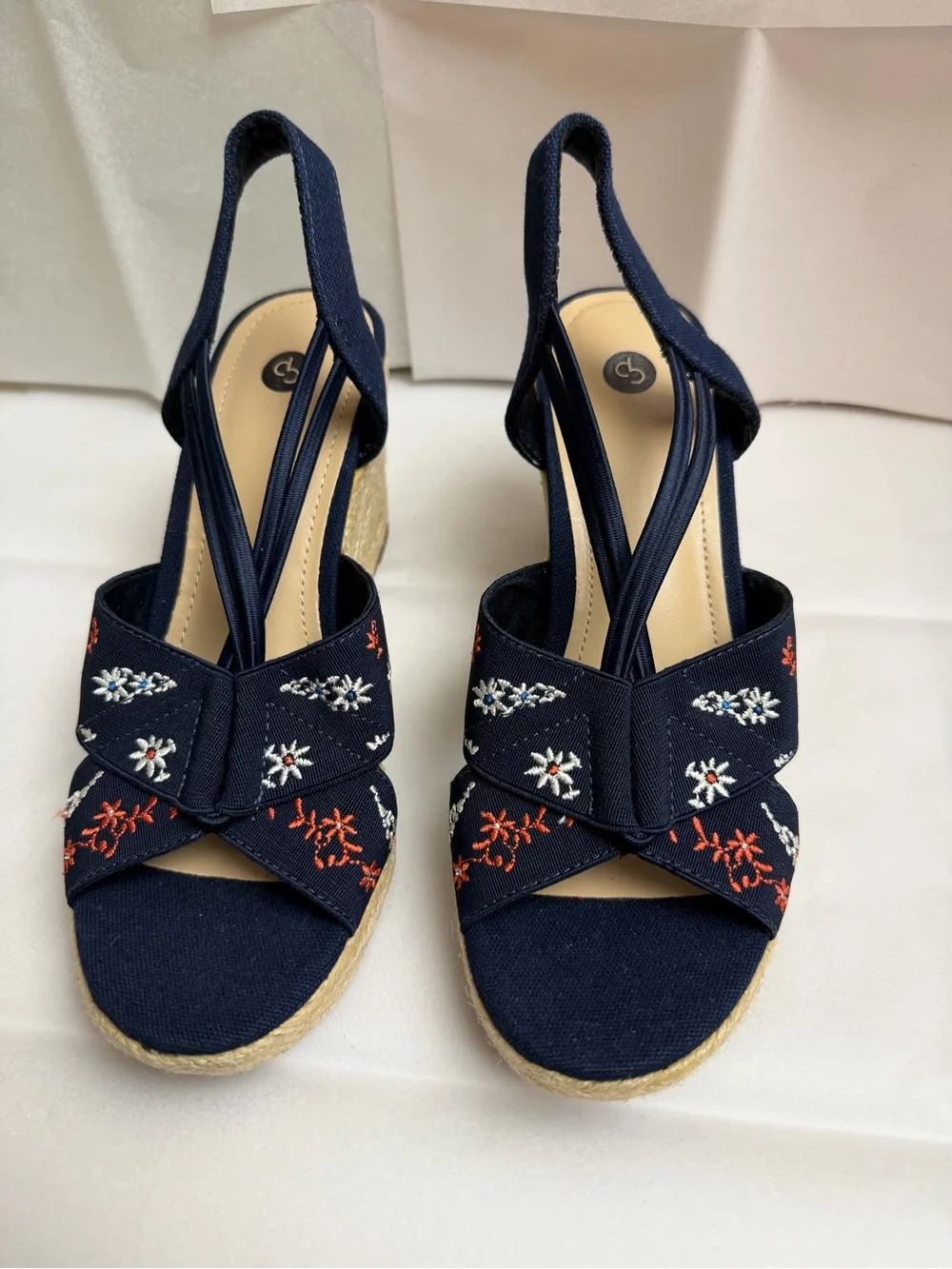 Dress Barn Navy Embroidered Espadrille Wedge Sandals